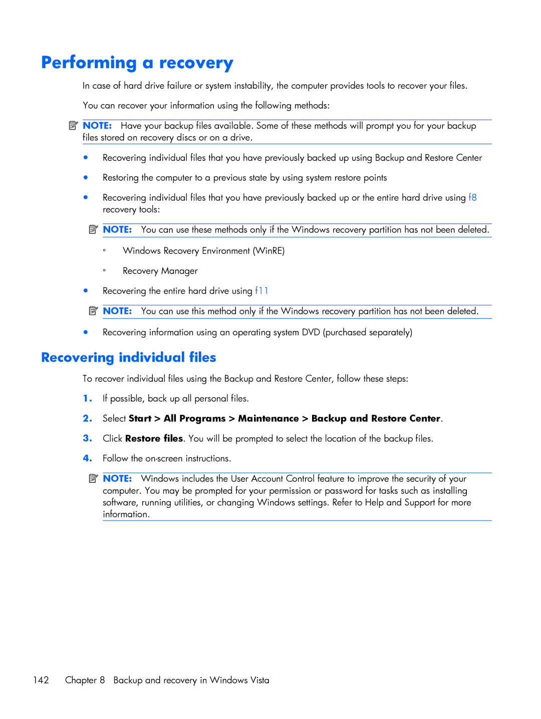 HP BJ840USABA, FN010UTABA manual Performing a recovery, Recovering individual files 