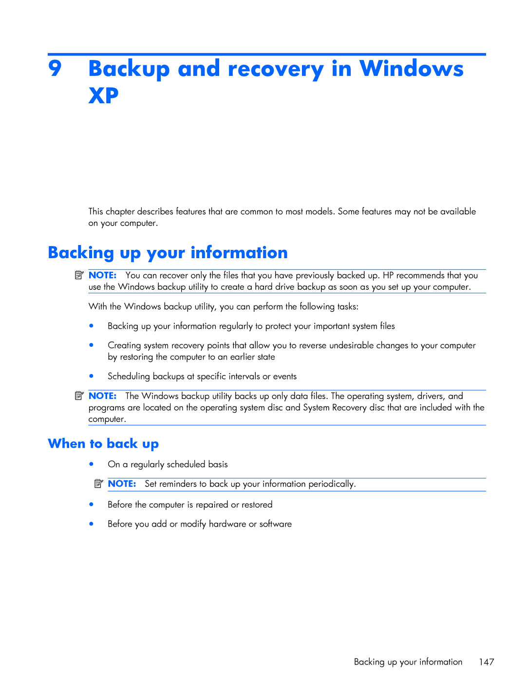 HP FN010UTABA, BJ840USABA manual Backup and recovery in Windows, When to back up 