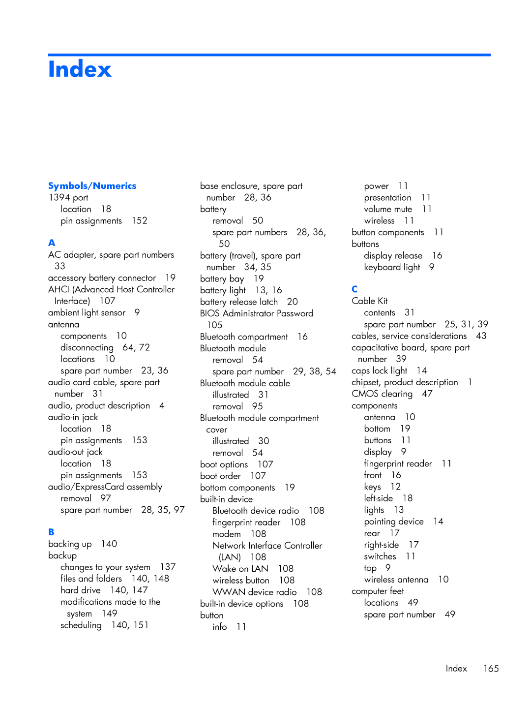 HP FN010UTABA, BJ840USABA manual Index, Symbols/Numerics 1394 port 