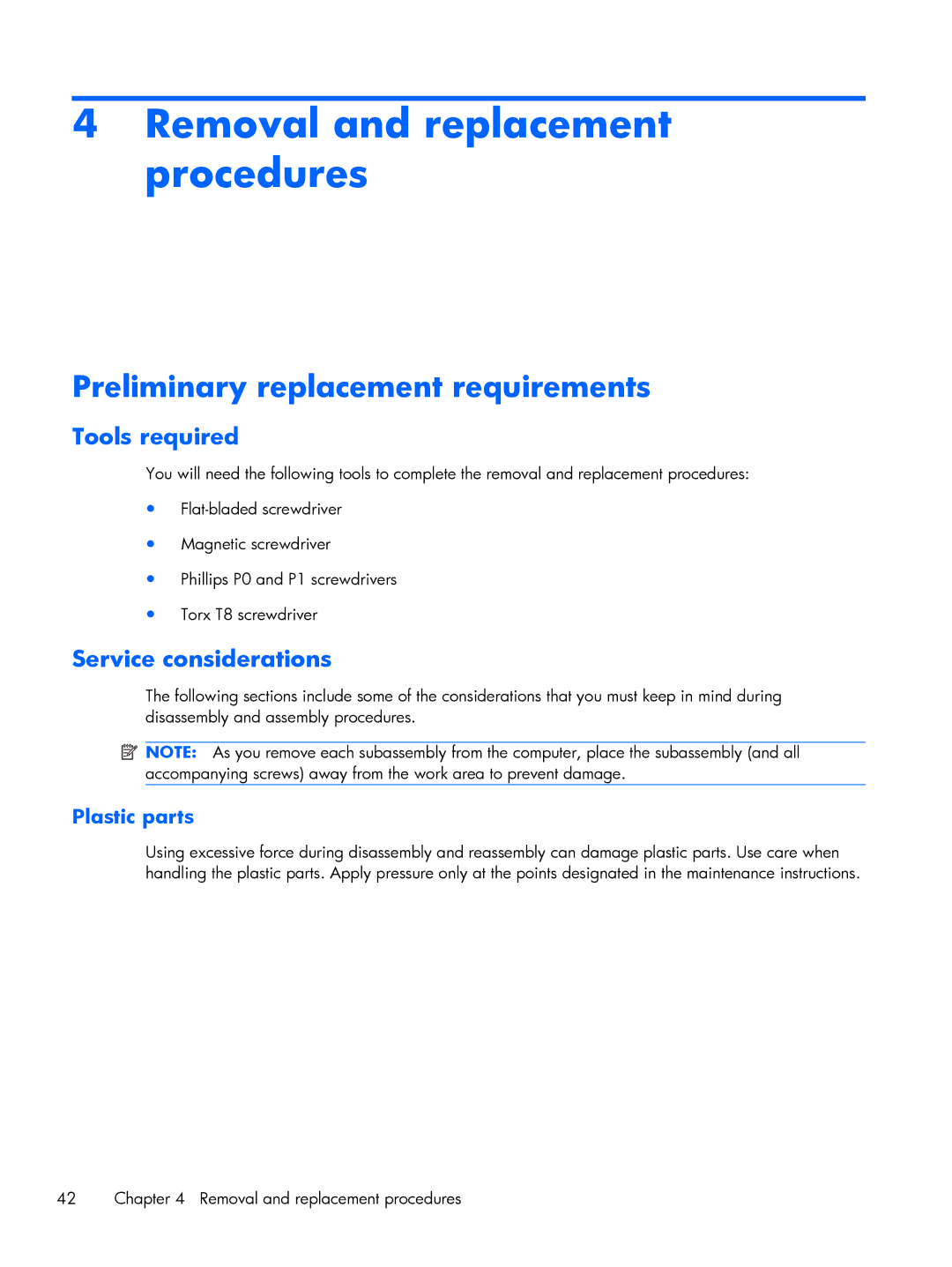 HP BJ840USABA, FN010UTABA manual Removal and replacement procedures, Preliminary replacement requirements, Tools required 