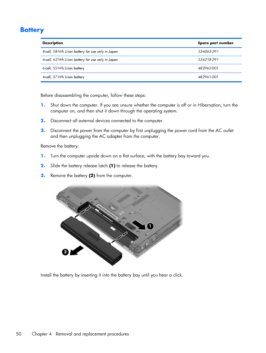 HP BJ840USABA, FN010UTABA manual Battery 