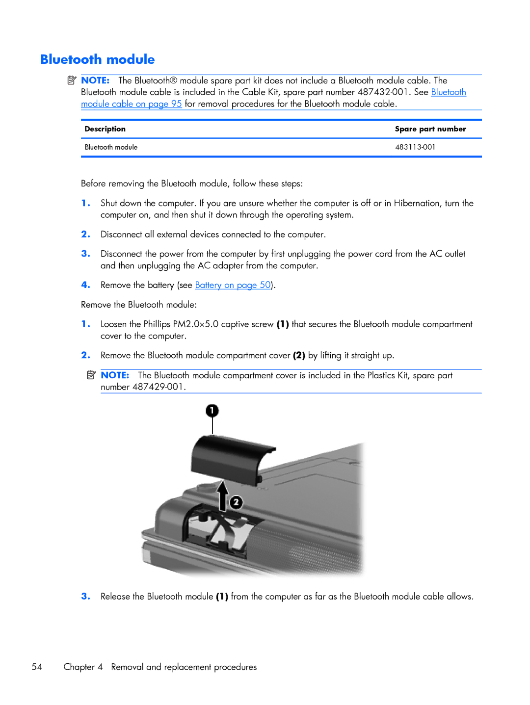 HP BJ840USABA, FN010UTABA manual Description Spare part number Bluetooth module 483113-001 