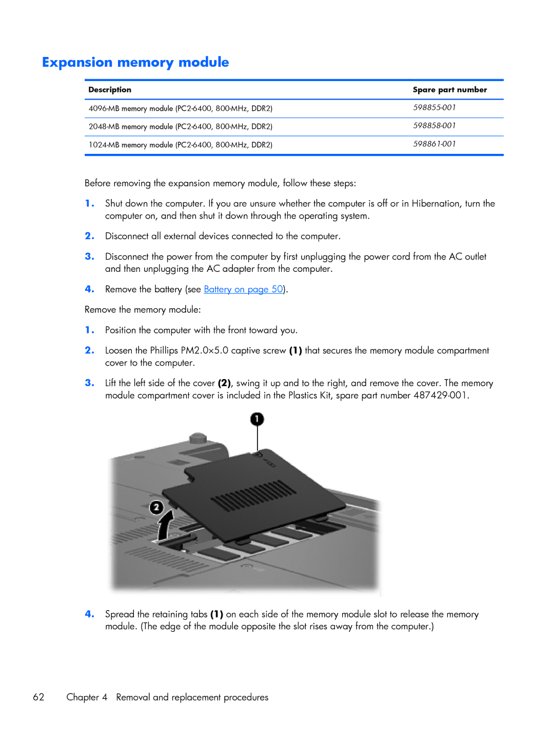 HP BJ840USABA, FN010UTABA manual Expansion memory module, Description Spare part number 