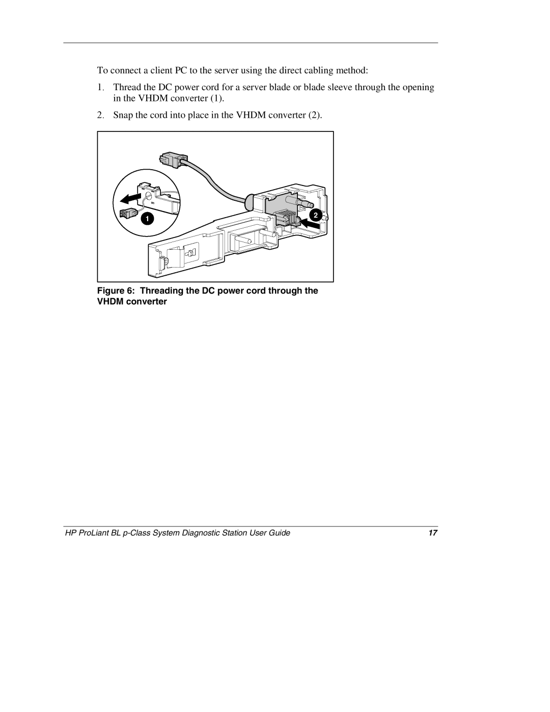 HP BL p-Class System 230859-004 manual Threading the DC power cord through Vhdm converter 