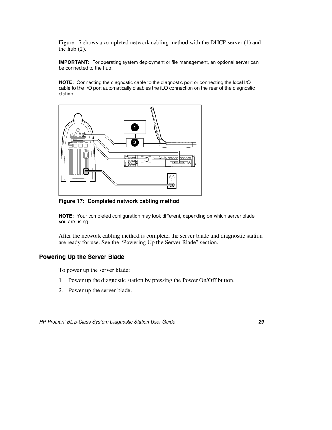 HP BL p-Class System 230859-004 manual Powering Up the Server Blade, Completed network cabling method 