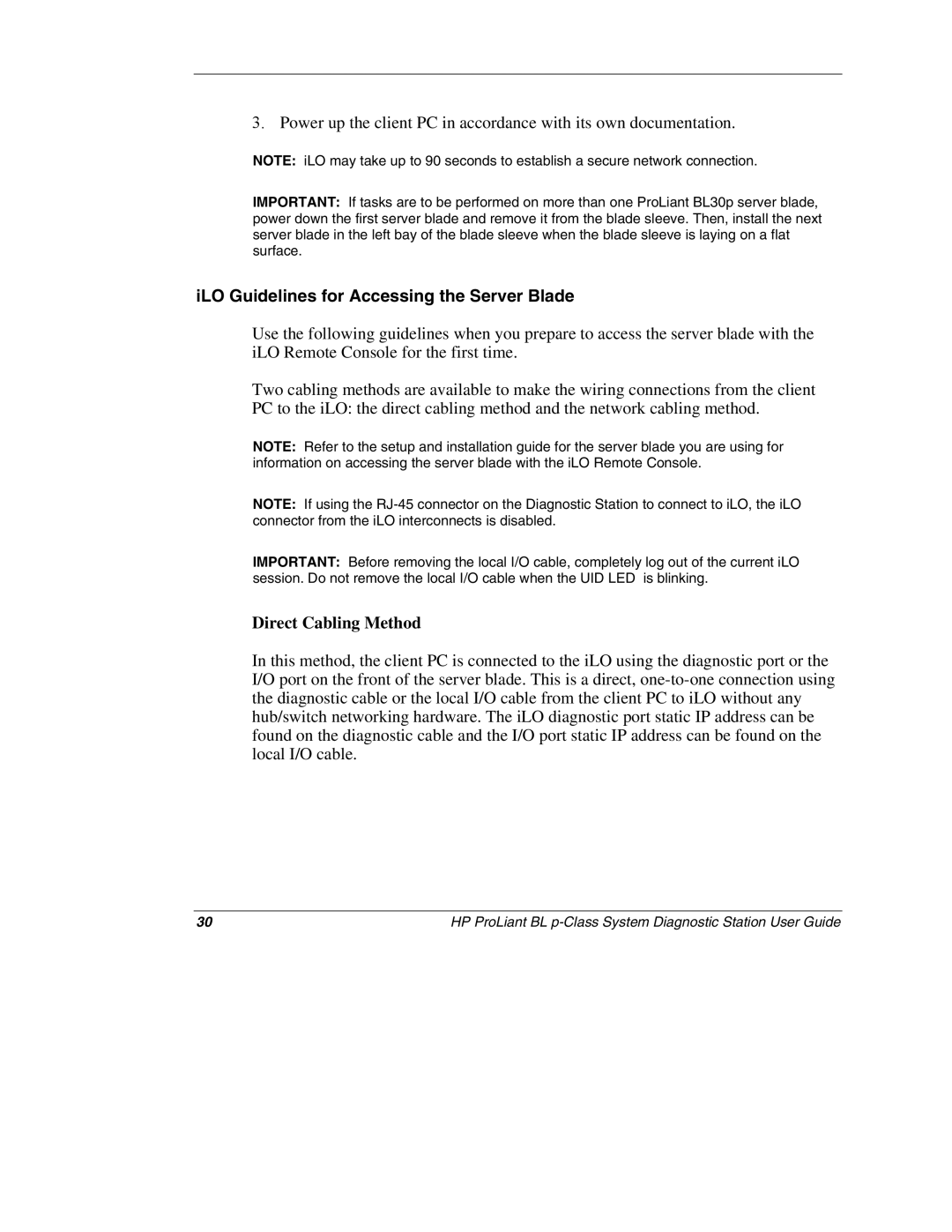 HP BL p-Class System 230859-004 manual ILO Guidelines for Accessing the Server Blade, Direct Cabling Method 