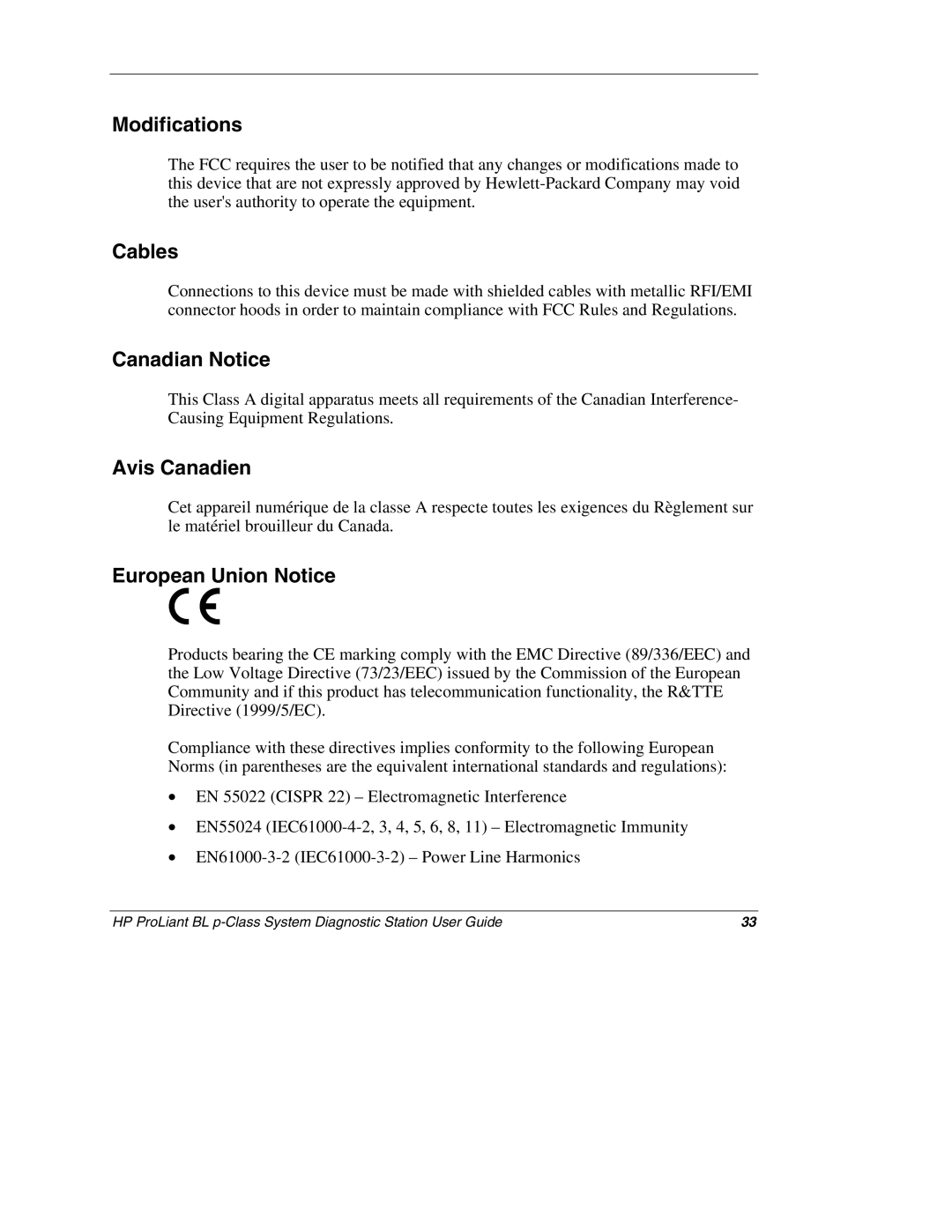 HP BL p-Class System 230859-004 manual Modifications, Cables, Canadian Notice, Avis Canadien, European Union Notice 