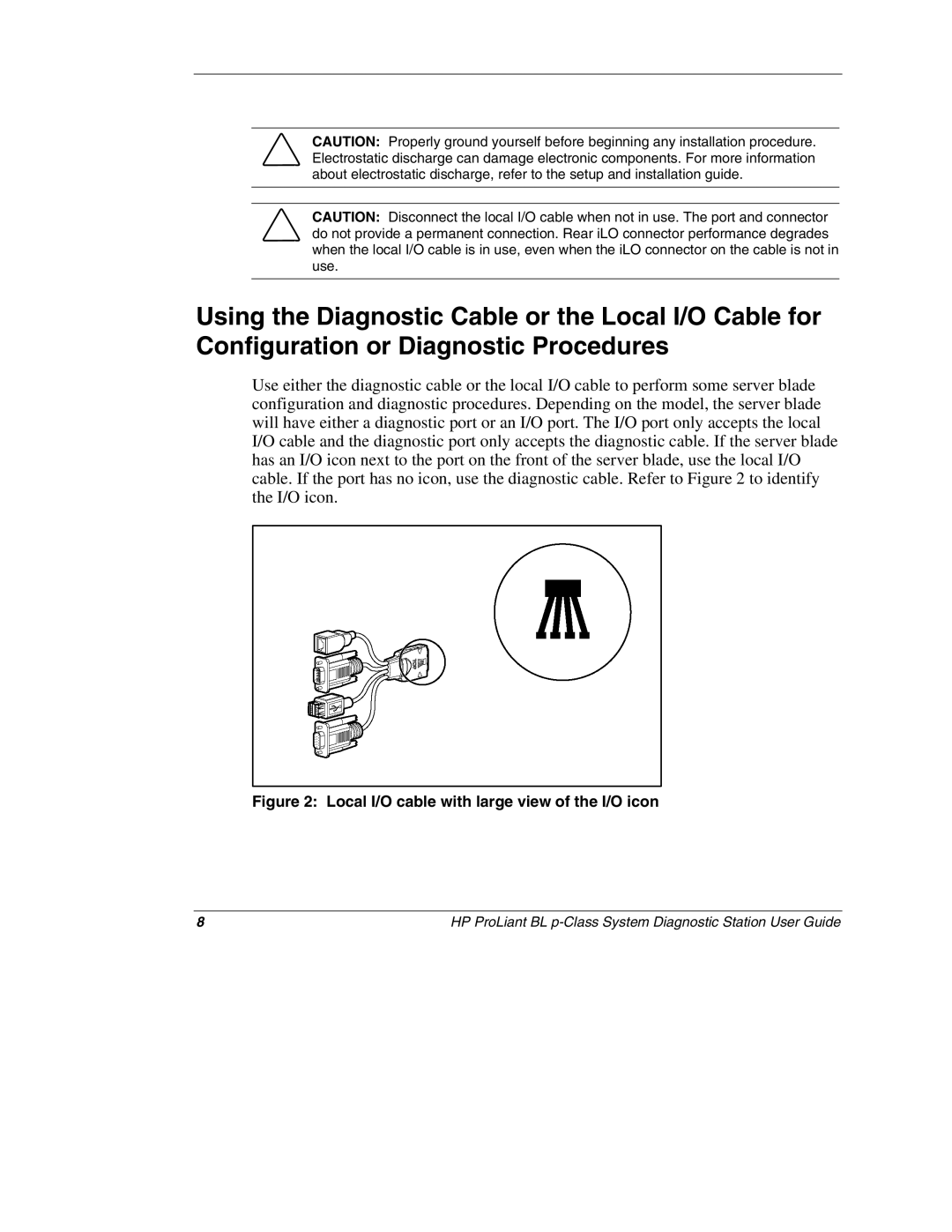 HP BL p-Class System 230859-004 manual Local I/O cable with large view of the I/O icon 