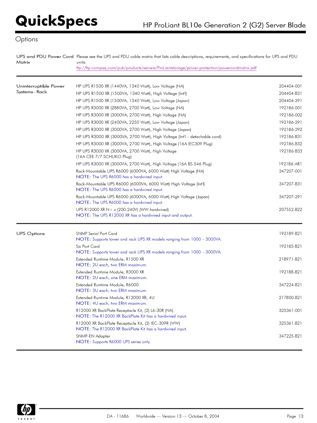 HP BL10e manual Uninterruptible Power Systems- Rack, UPS Options 