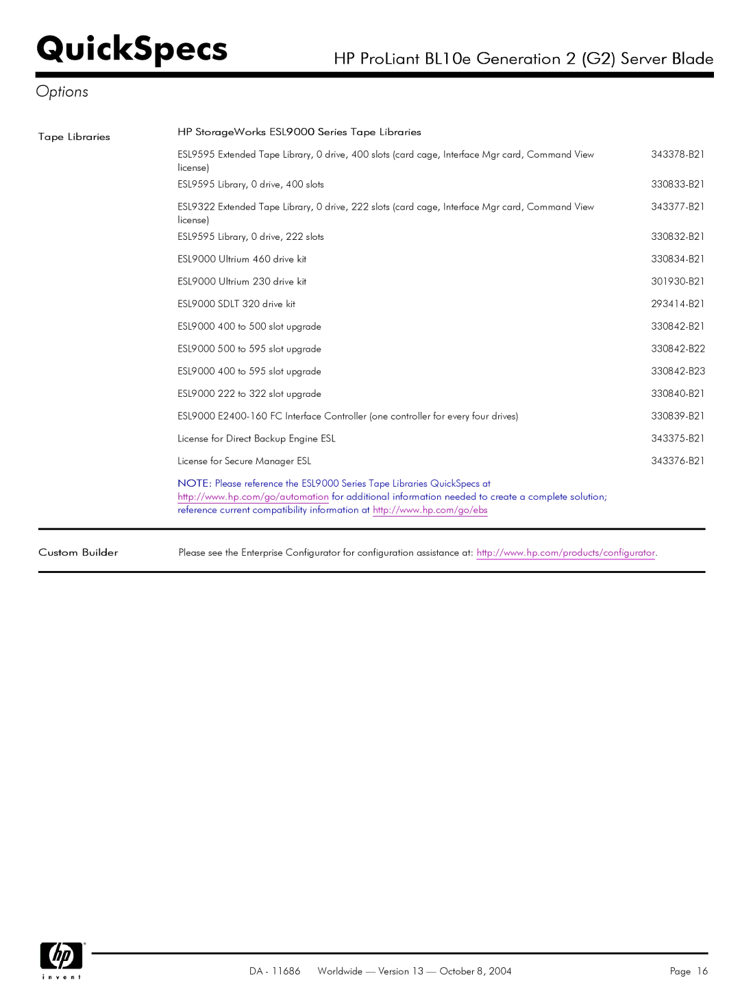 HP BL10e manual Tape Libraries HP StorageWorks ESL9000 Series Tape Libraries, Custom Builder 