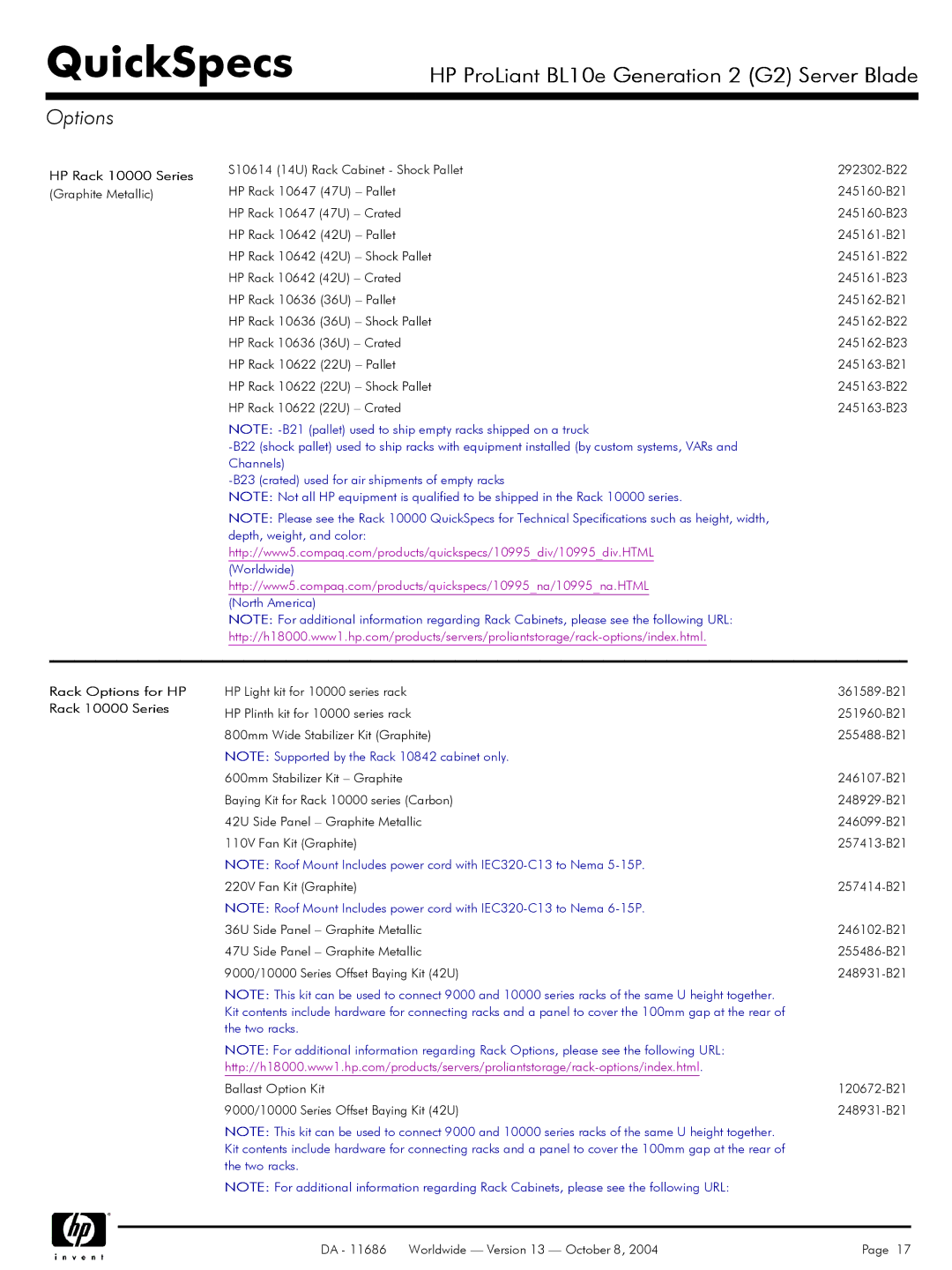 HP BL10e manual Rack Options for HP Rack 10000 Series 