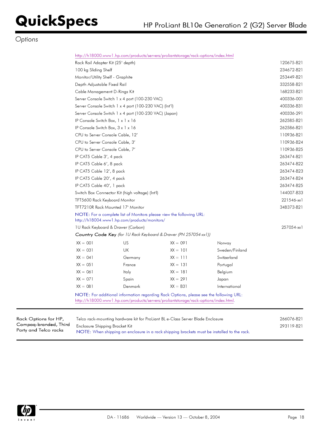 HP BL10e manual Country Code Key for 1U Rack Keyboard & Drawer PN 