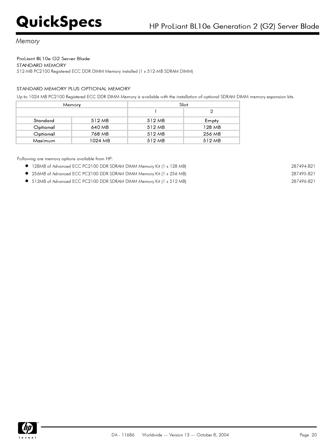 HP manual ProLiant BL10e G2 Server Blade, Memory Slot Standard 512 MB 