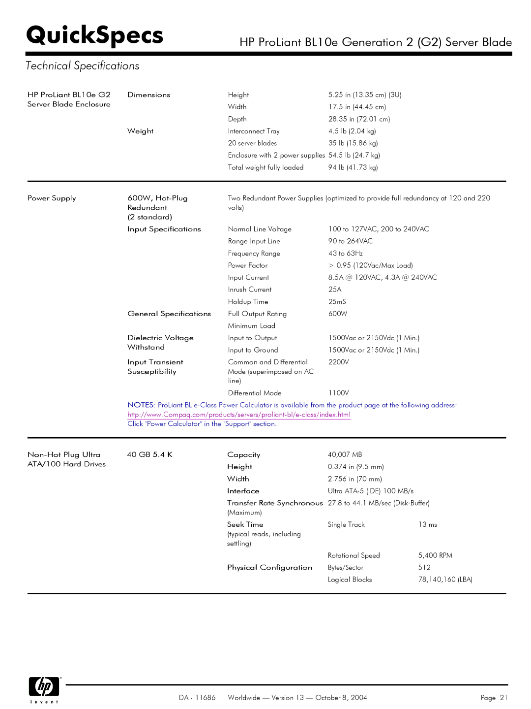 HP BL10e manual Technical Specifications 