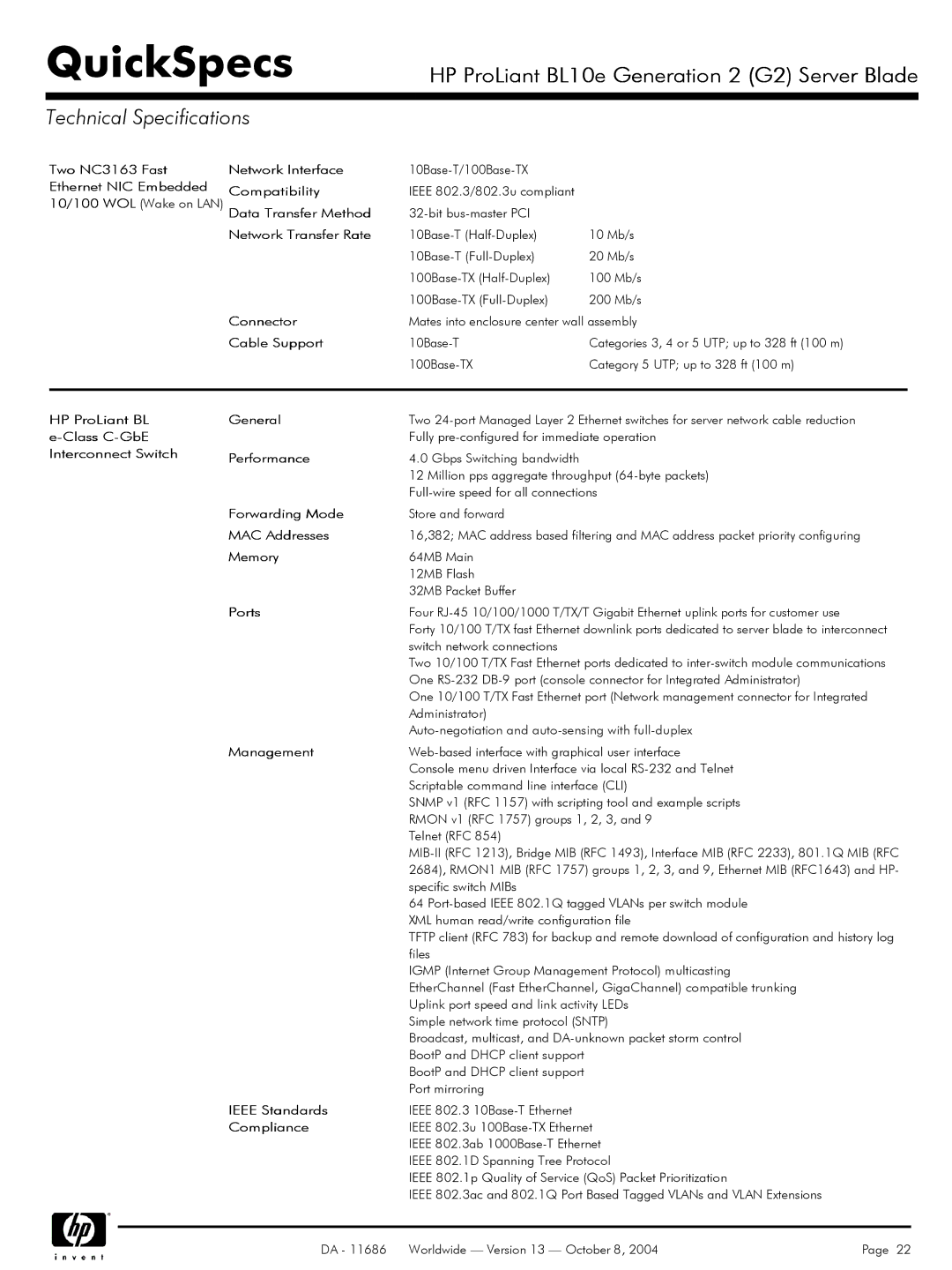 HP BL10e Compatibility, Data Transfer Method, Network Transfer Rate, Connector, Cable Support, HP ProLiant BL General 