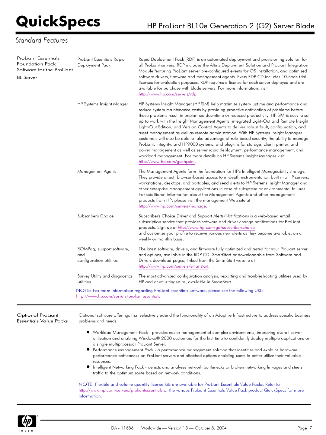 HP BL10e manual ProLiant Essentials, Foundation Pack, Software for the ProLiant, BL Server, Optional ProLiant 