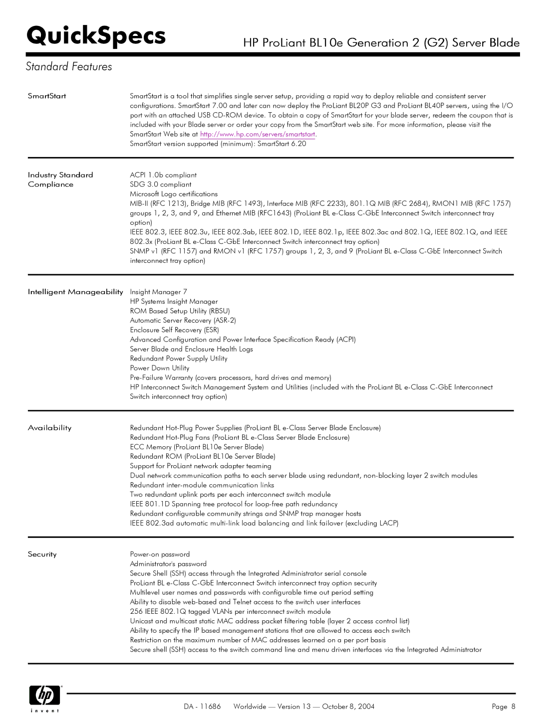 HP BL10e manual SmartStart, Industry Standard, Compliance, Intelligent Manageability, Availability, Security 