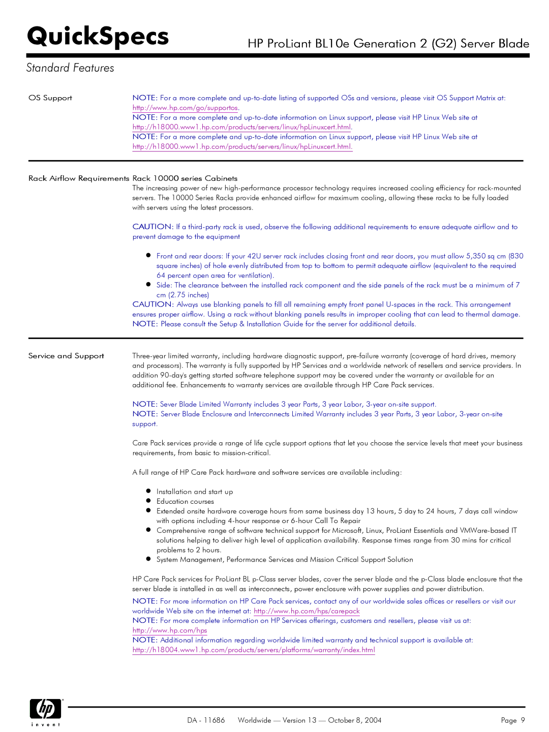 HP BL10e manual Rack Airflow Requirements Rack 10000 series Cabinets, Service and Support 