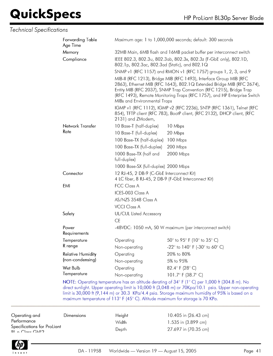 HP BL30p Server Blades BL30p manual Forwarding Table, Age Time Memory, Compliance, Network Transfer, Rate, Safety 