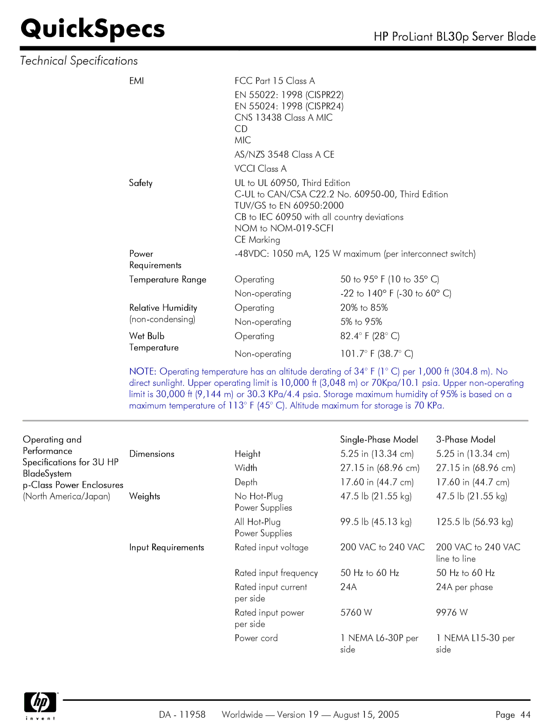 HP BL30p Server Blades BL30p Requirements Temperature Range, Operating Single-Phase Model Performance Dimensions, Weights 