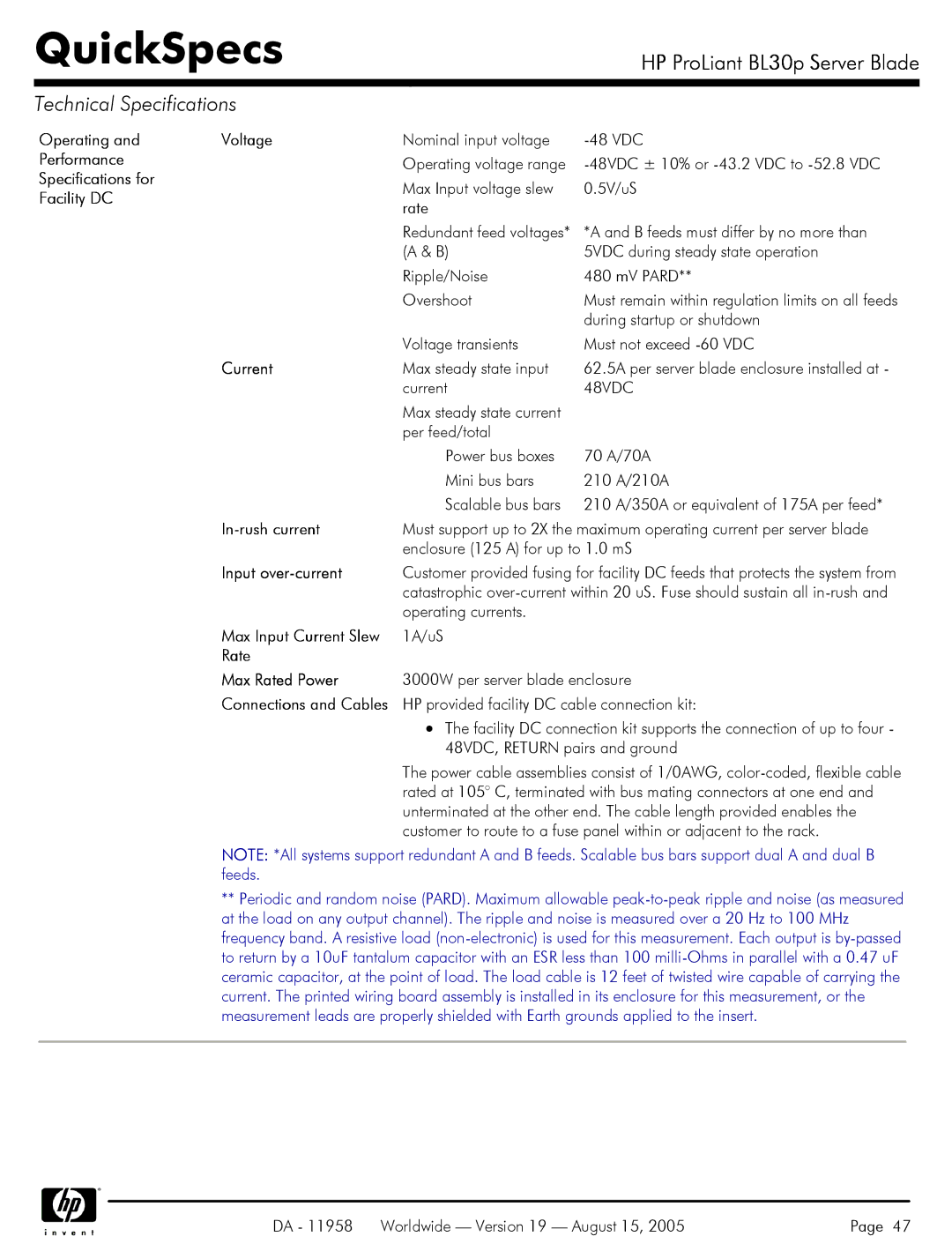 HP BL30p Server Blades BL30p manual Operating Voltage, Specifications for, Current, In-rush current, Input over-current 