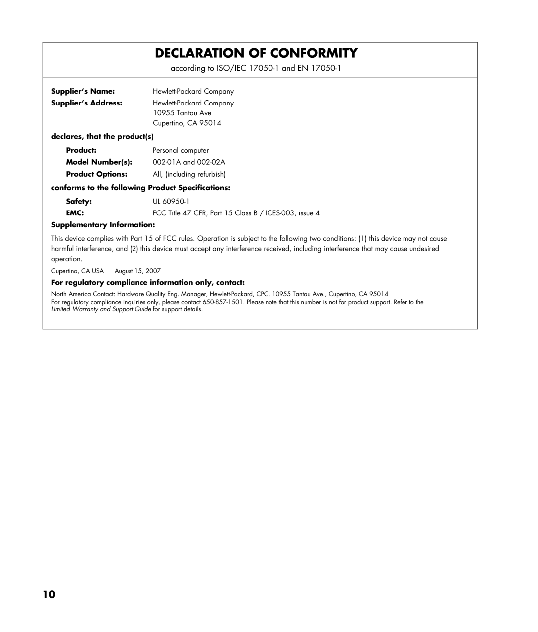 HP Blackbird 002-21A Gaming System, Blackbird 002-01A Gaming System manual Declaration of Conformity 