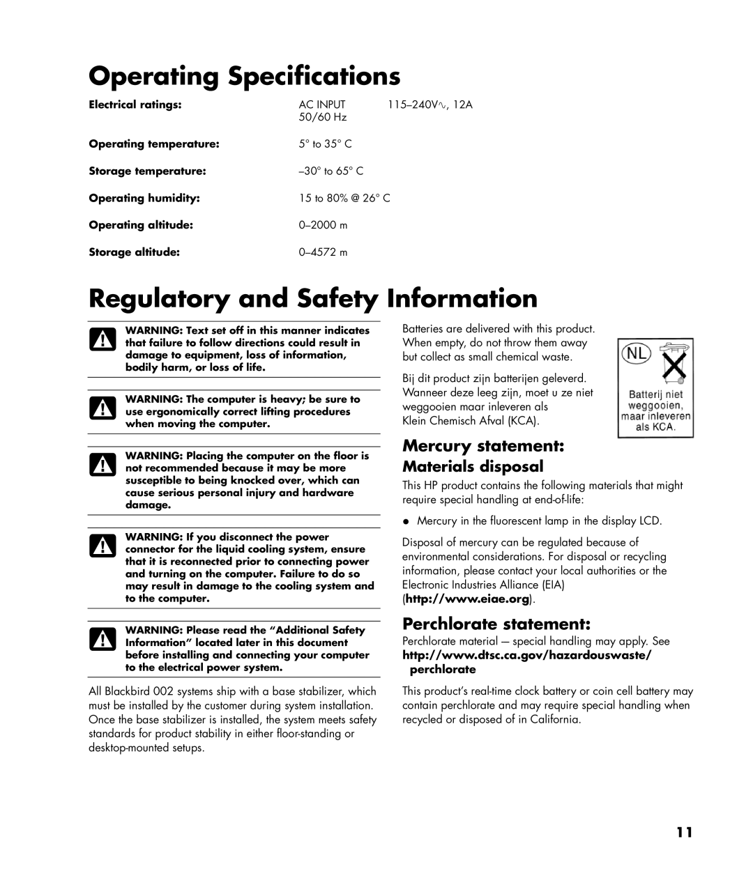 HP Blackbird 002-01A Gaming System, Blackbird 002-21A Gaming System manual Mercury statement, Perchlorate statement 