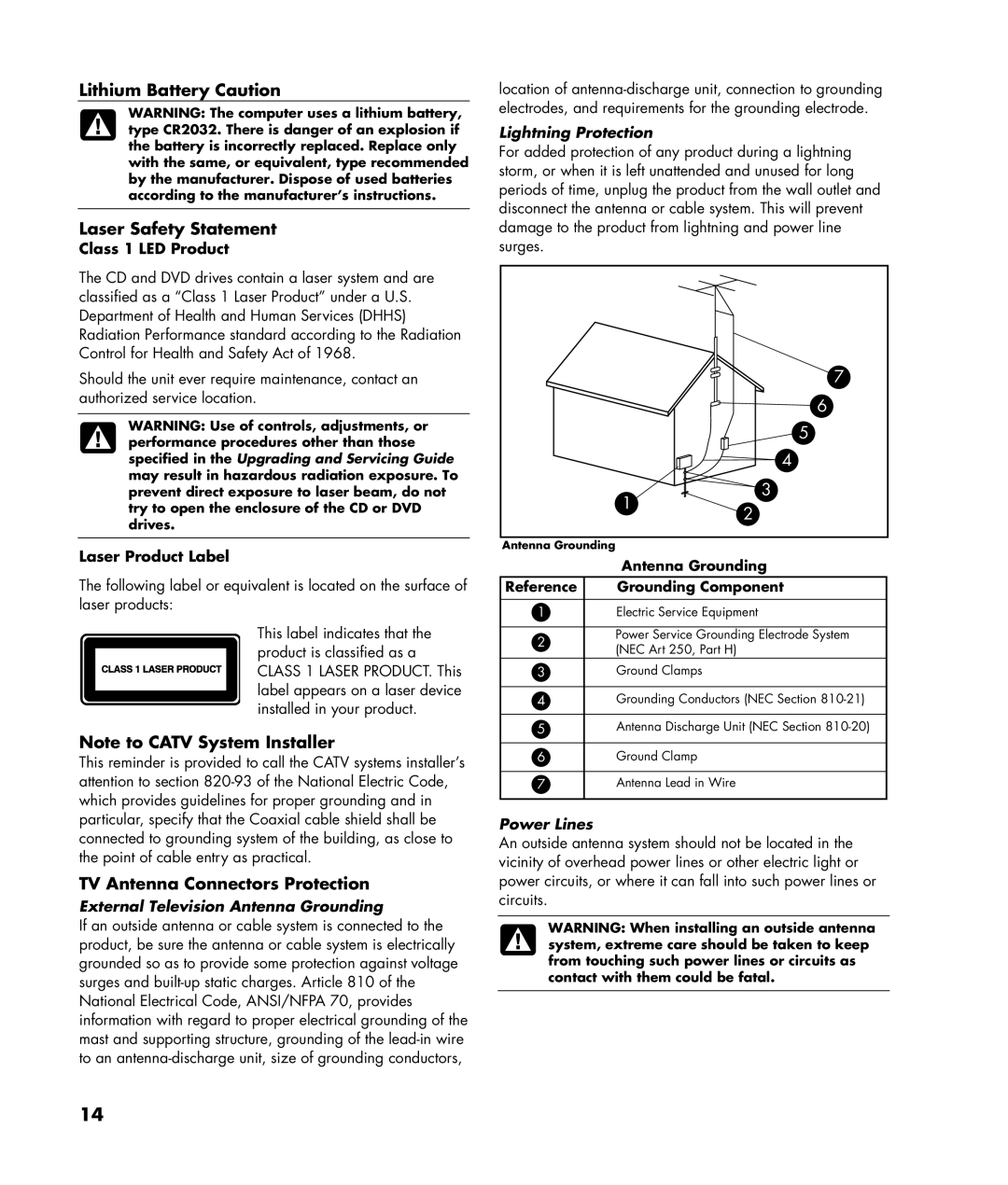 HP Blackbird 002-21A Gaming System, Blackbird 002-01A Gaming System manual Lithium Battery Caution Laser Safety Statement 