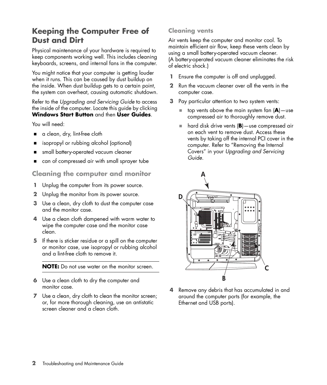 HP Blackbird 002-21A Gaming System manual Keeping the Computer Free of Dust and Dirt, Cleaning the computer and monitor 