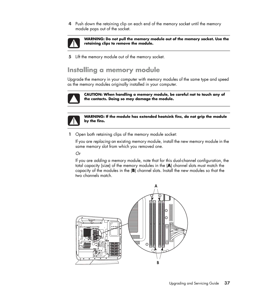 HP Blackbird 002-01A Gaming System, Blackbird 002-21A Gaming System manual Installing a memory module 