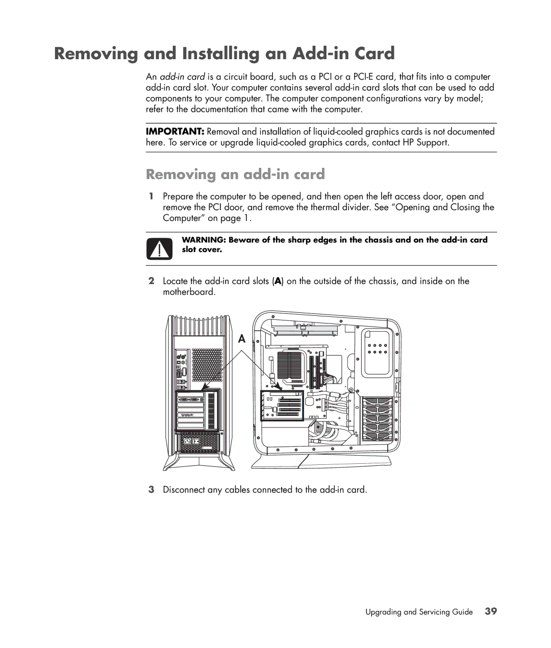 HP Blackbird 002-01A Gaming System manual Removing and Installing an Add-in Card, Removing an add-in card 