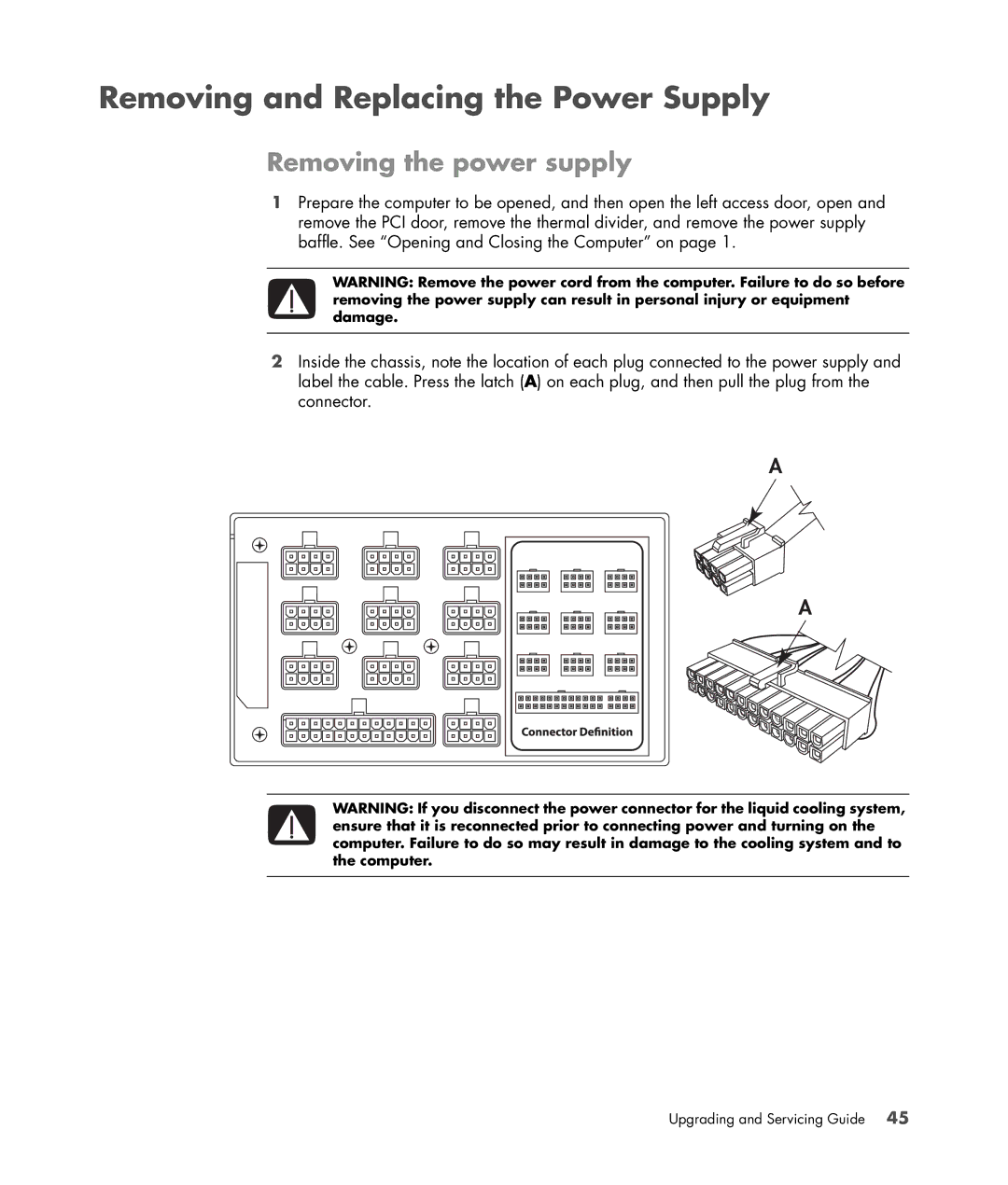 HP Blackbird 002-01A Gaming System manual Removing and Replacing the Power Supply, Removing the power supply 