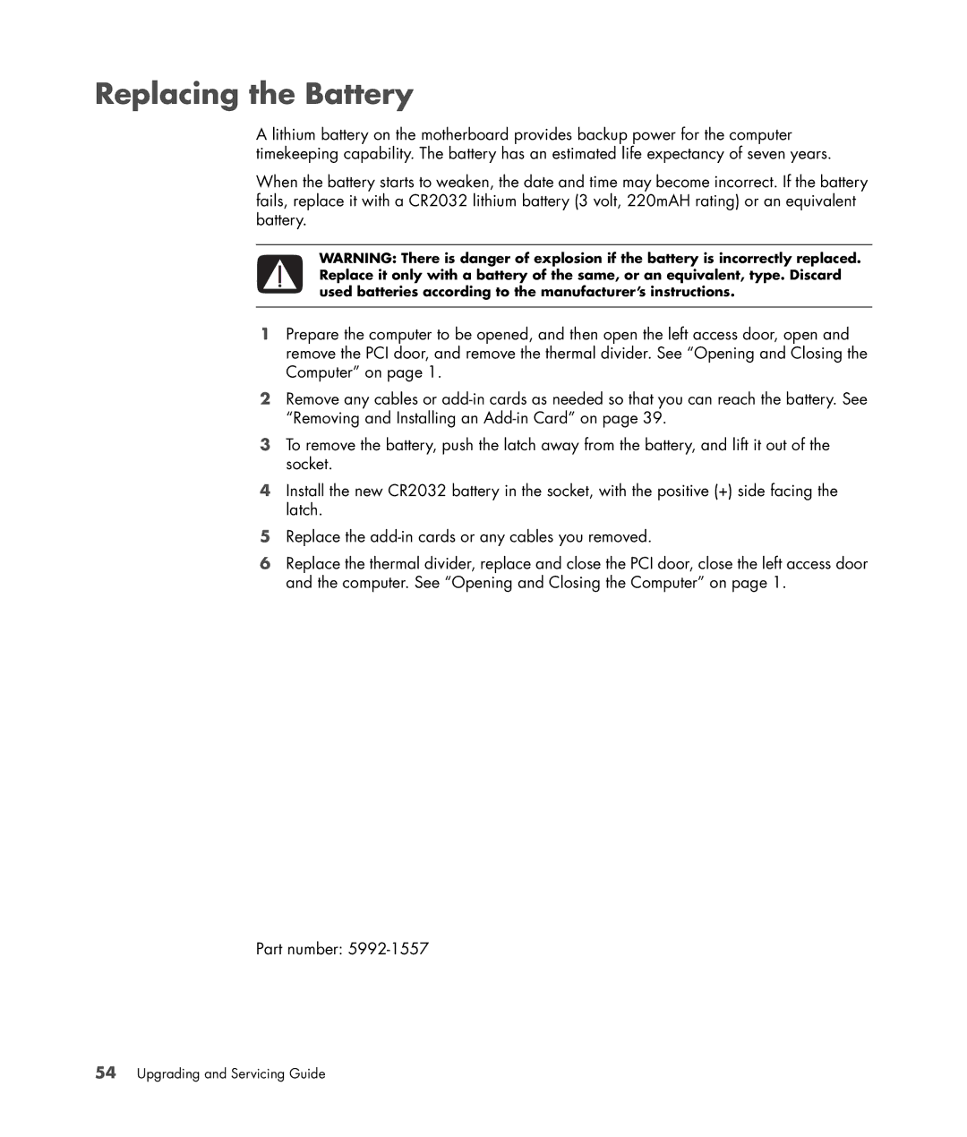 HP Blackbird 002-21A Gaming System, Blackbird 002-01A Gaming System manual Replacing the Battery 