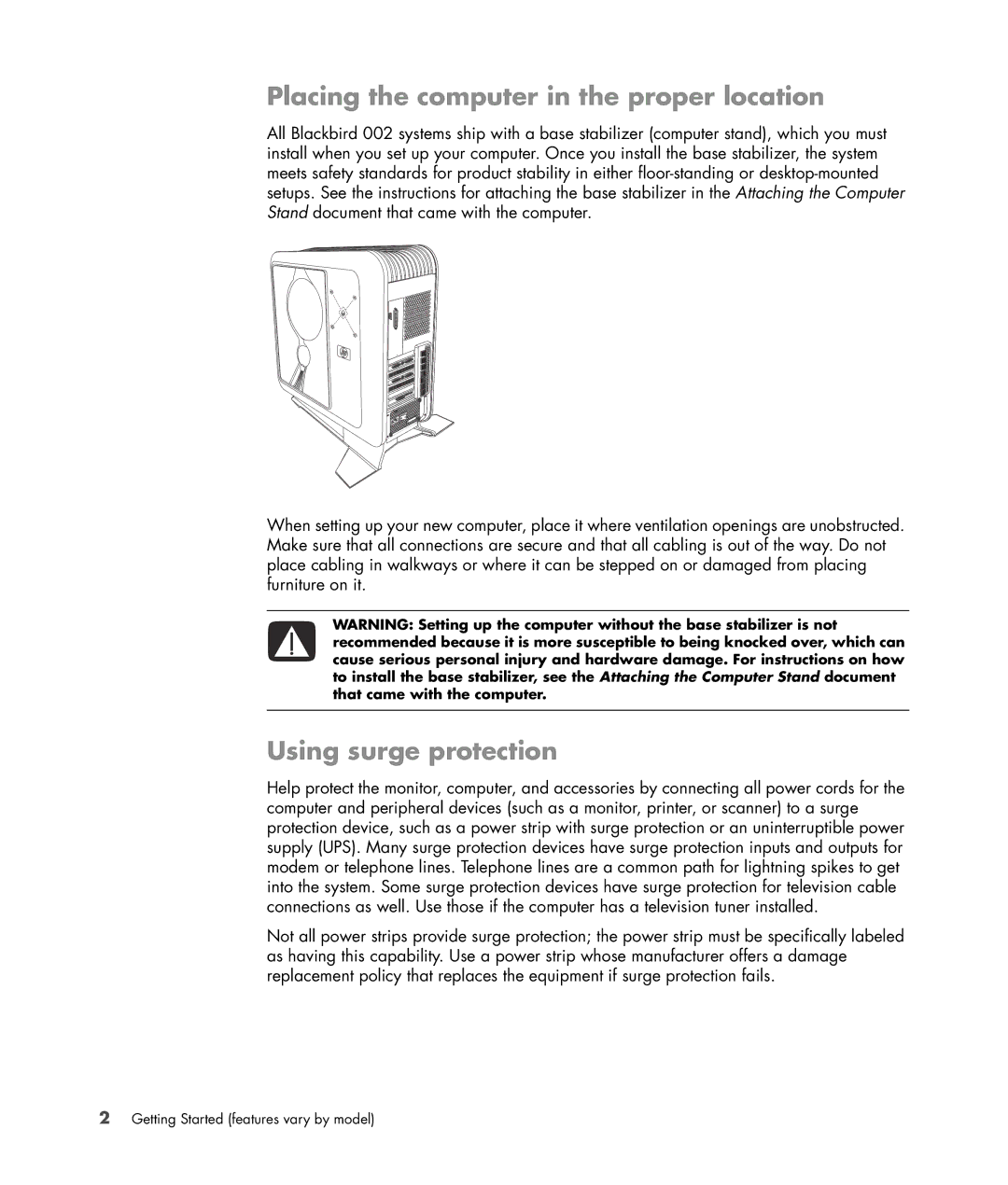 HP Blackbird 002-21A Gaming System manual Placing the computer in the proper location, Using surge protection 