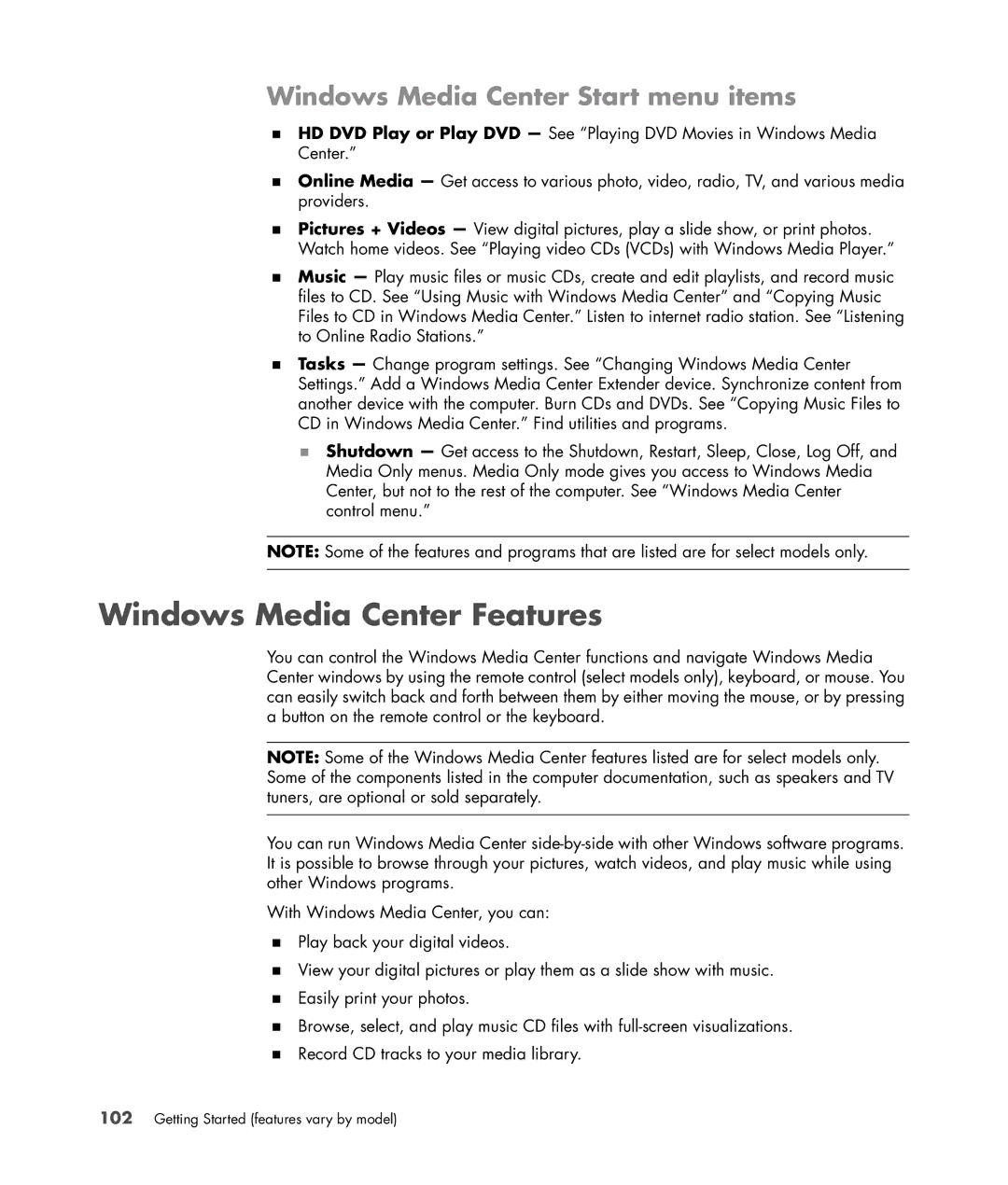 HP Blackbird 002-21A Gaming System manual Windows Media Center Features, Windows Media Center Start menu items 