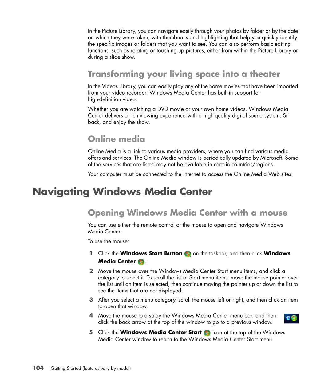 HP Blackbird 002-21A Gaming System manual Navigating Windows Media Center, Transforming your living space into a theater 