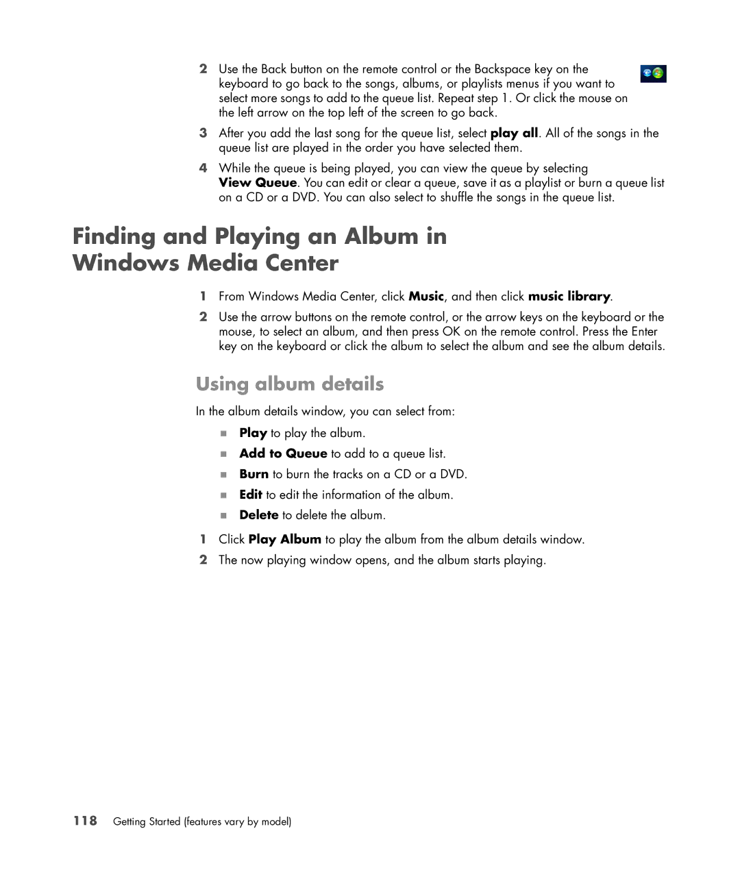 HP Blackbird 002-21A Gaming System manual Finding and Playing an Album Windows Media Center, Using album details 