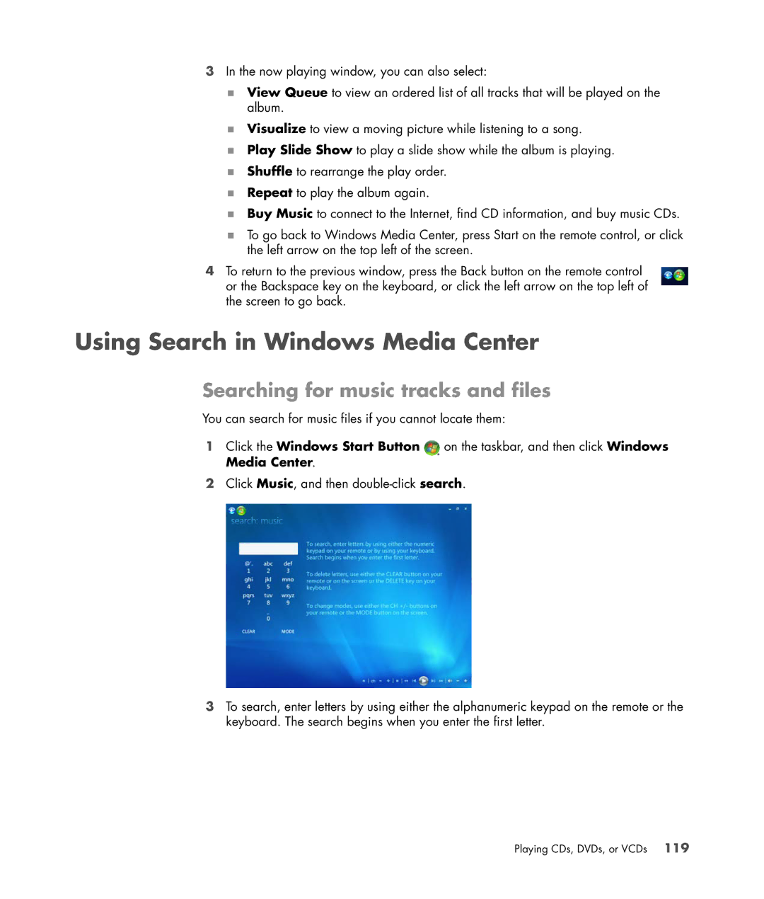 HP Blackbird 002-01A Gaming System manual Using Search in Windows Media Center, Searching for music tracks and files 