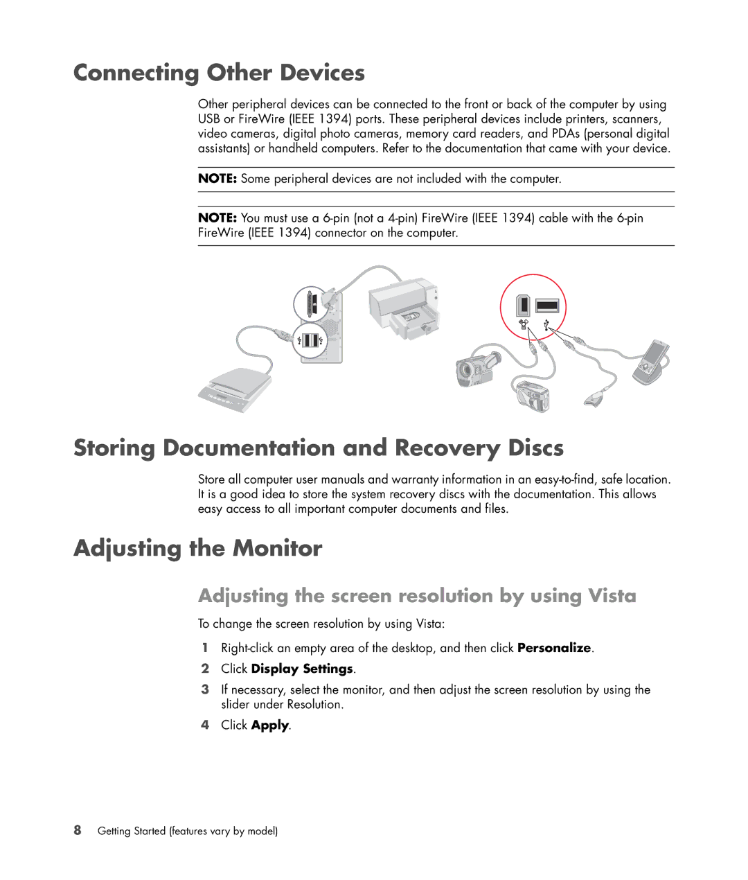 HP Blackbird 002-21A Gaming System manual Connecting Other Devices, Adjusting the screen resolution by using Vista 