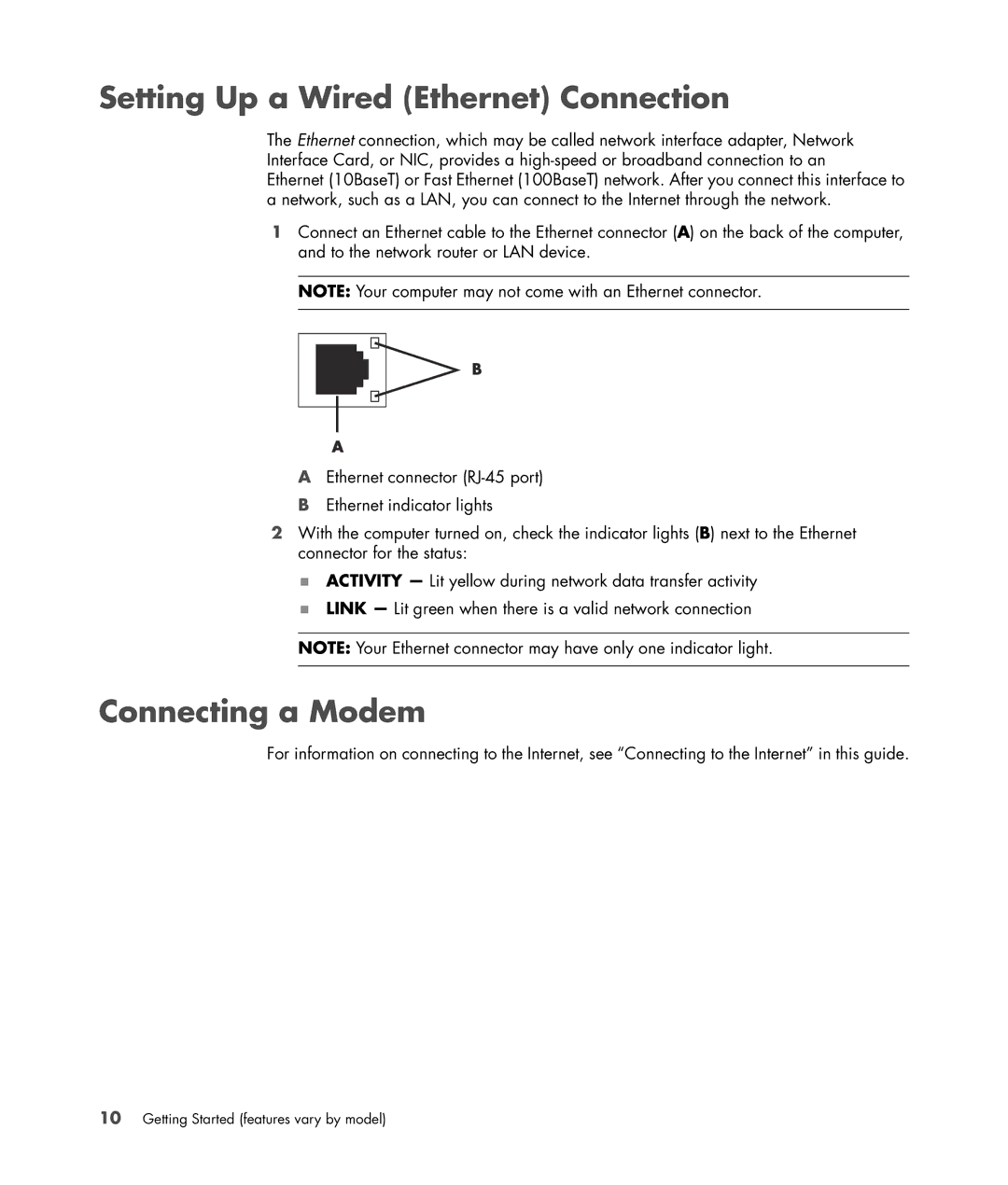 HP Blackbird 002-21A Gaming System manual Setting Up a Wired Ethernet Connection, Connecting a Modem 