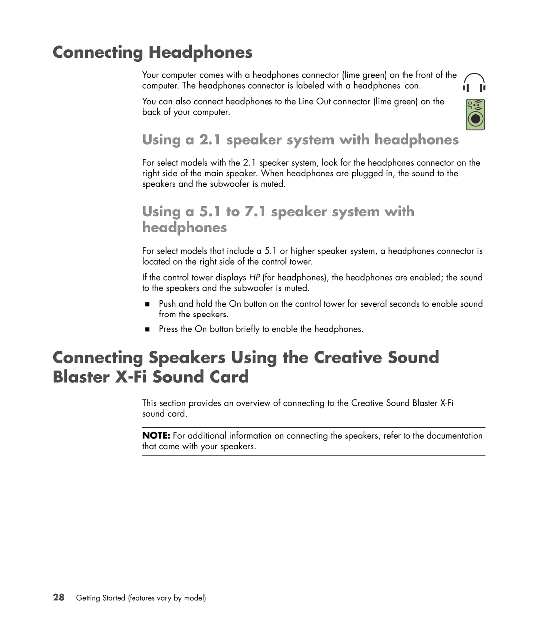 HP Blackbird 002-21A Gaming System manual Connecting Headphones, Using a 2.1 speaker system with headphones 