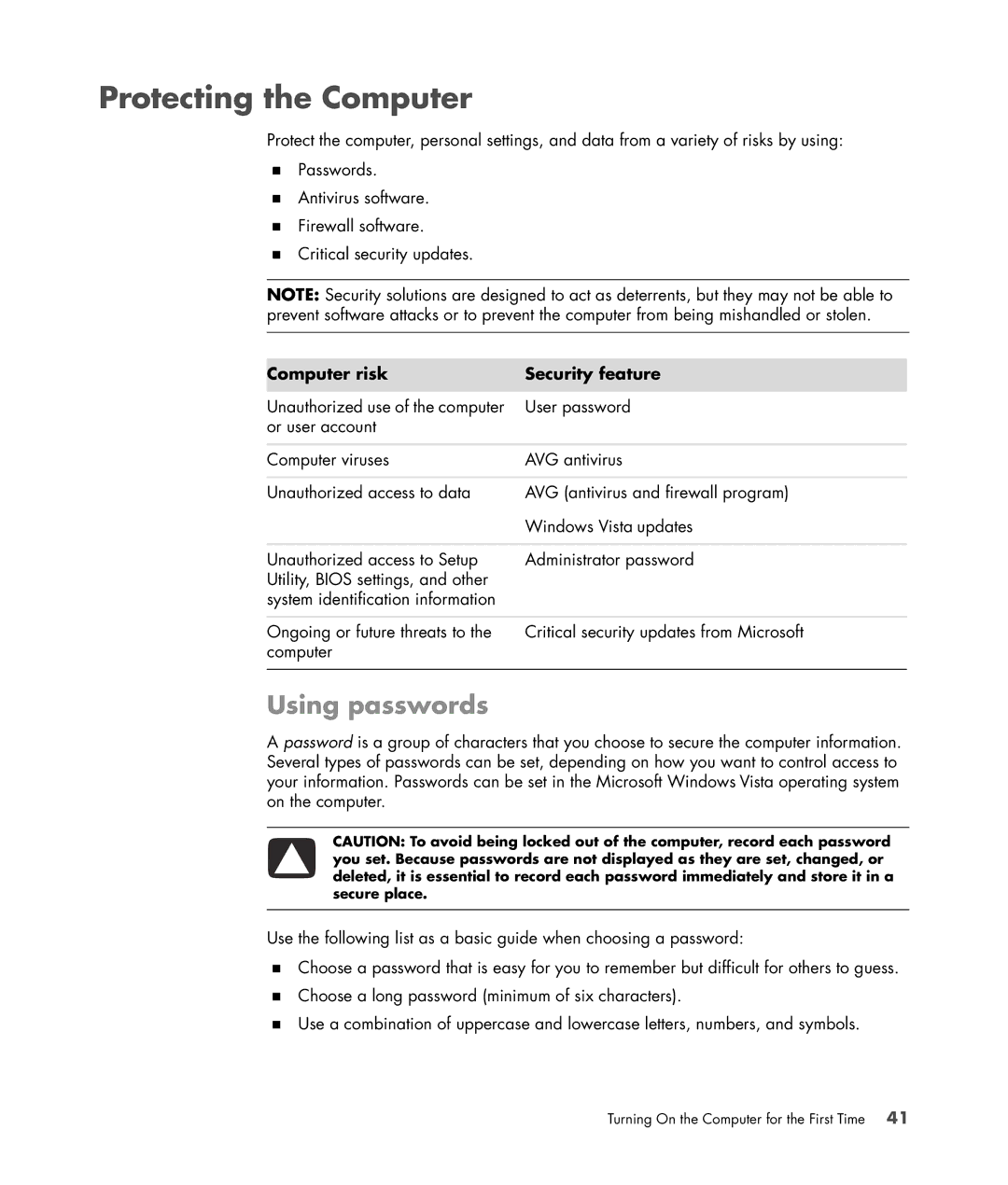 HP Blackbird 002-01A Gaming System manual Protecting the Computer, Using passwords, Computer risk Security feature 