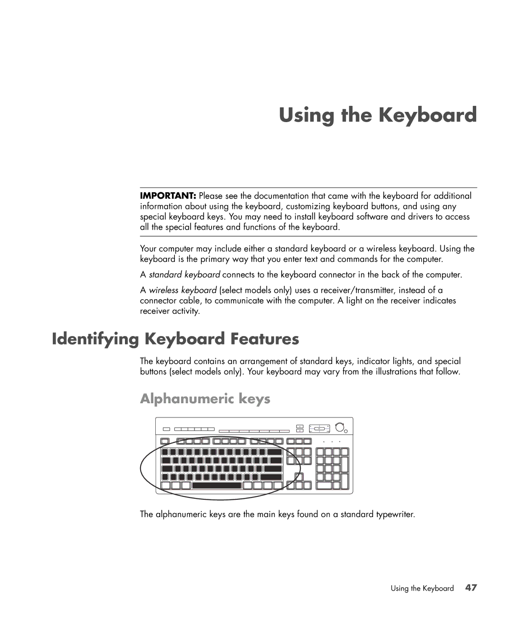 HP Blackbird 002-01A Gaming System manual Using the Keyboard, Identifying Keyboard Features, Alphanumeric keys 