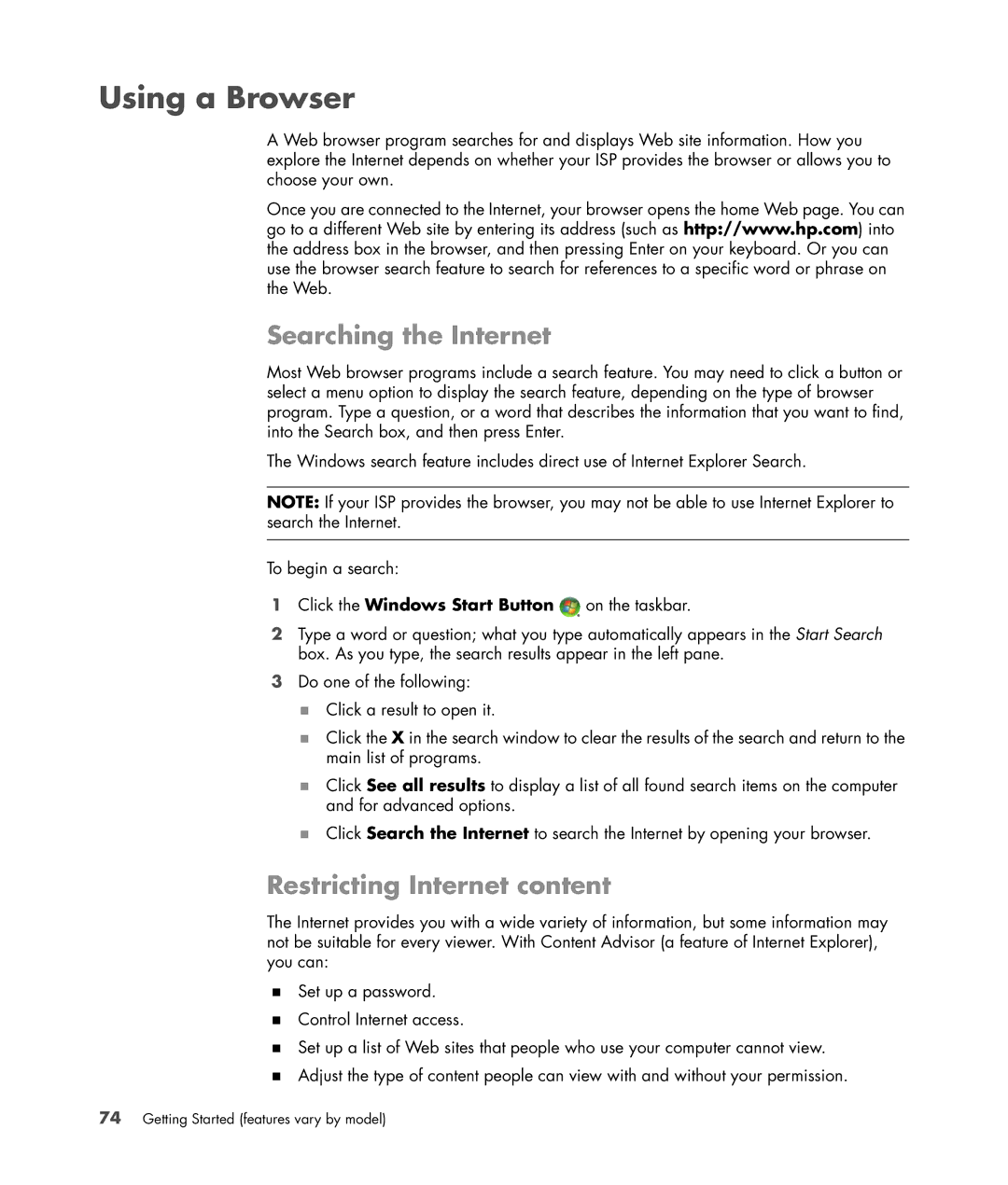 HP Blackbird 002-21A Gaming System manual Using a Browser, Searching the Internet, Restricting Internet content 