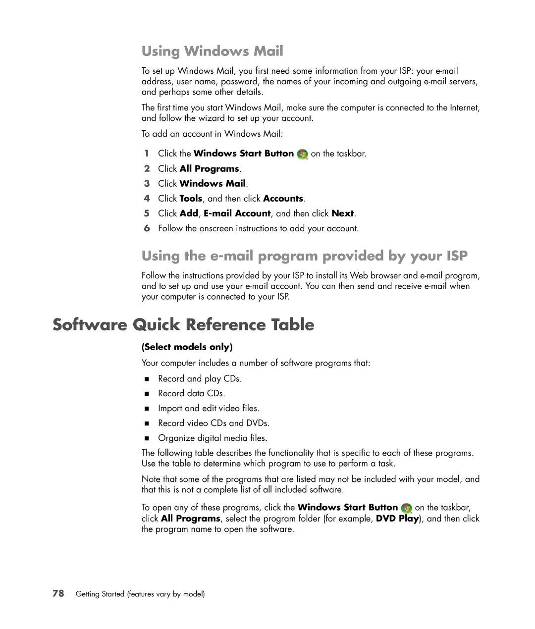 HP Blackbird 002-21A Gaming System, Blackbird 002-01A Gaming System Software Quick Reference Table, Using Windows Mail 