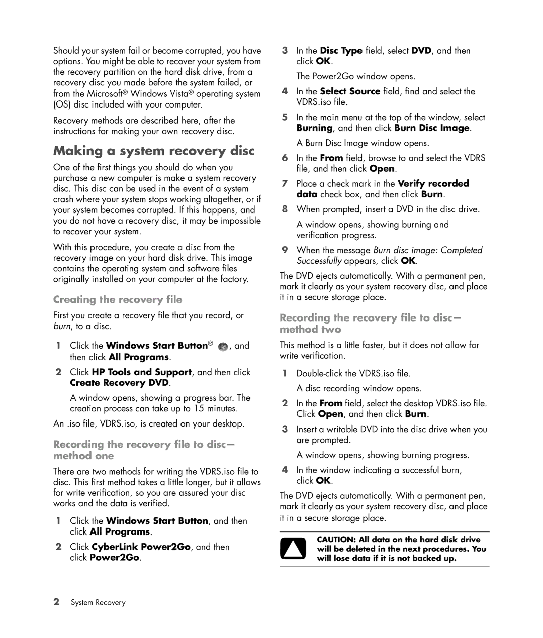 HP Blackbird 002-21A Gaming System manual Making a system recovery disc, Creating the recovery file 