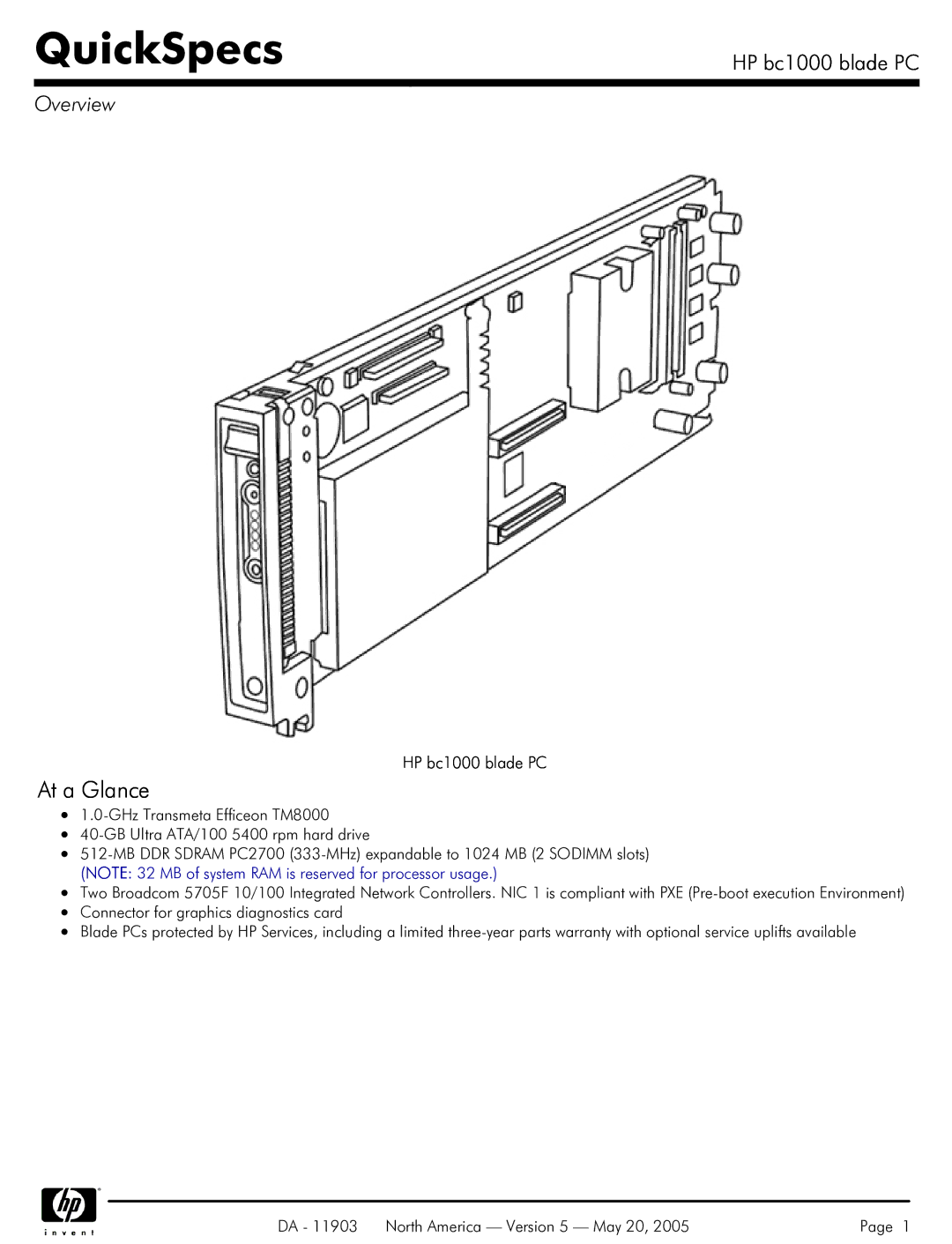 HP blade bc1000 manual At a Glance, Overview, HP bc1000 blade PC 