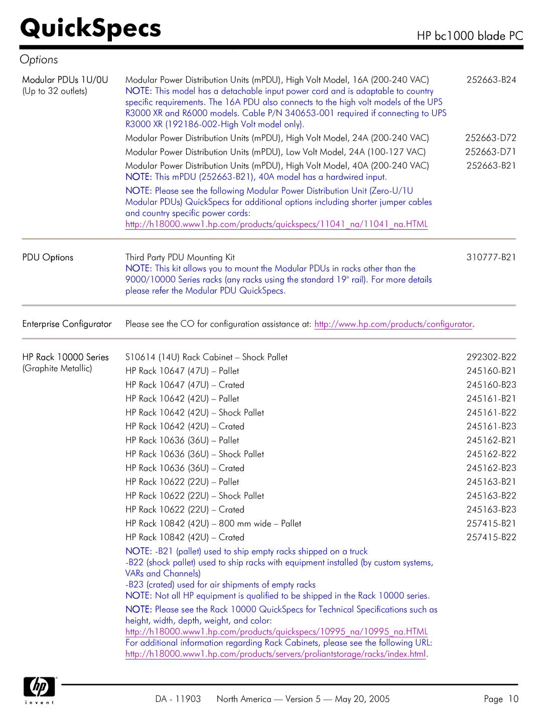 HP blade bc1000 manual Modular PDUs 1U/0U, PDU Options, Enterprise Configurator HP Rack 10000 Series 