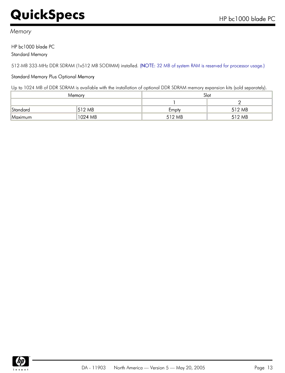 HP blade bc1000 HP bc1000 blade PC Standard Memory, Standard Memory Plus Optional Memory, Memory Slot Standard 512 MB 