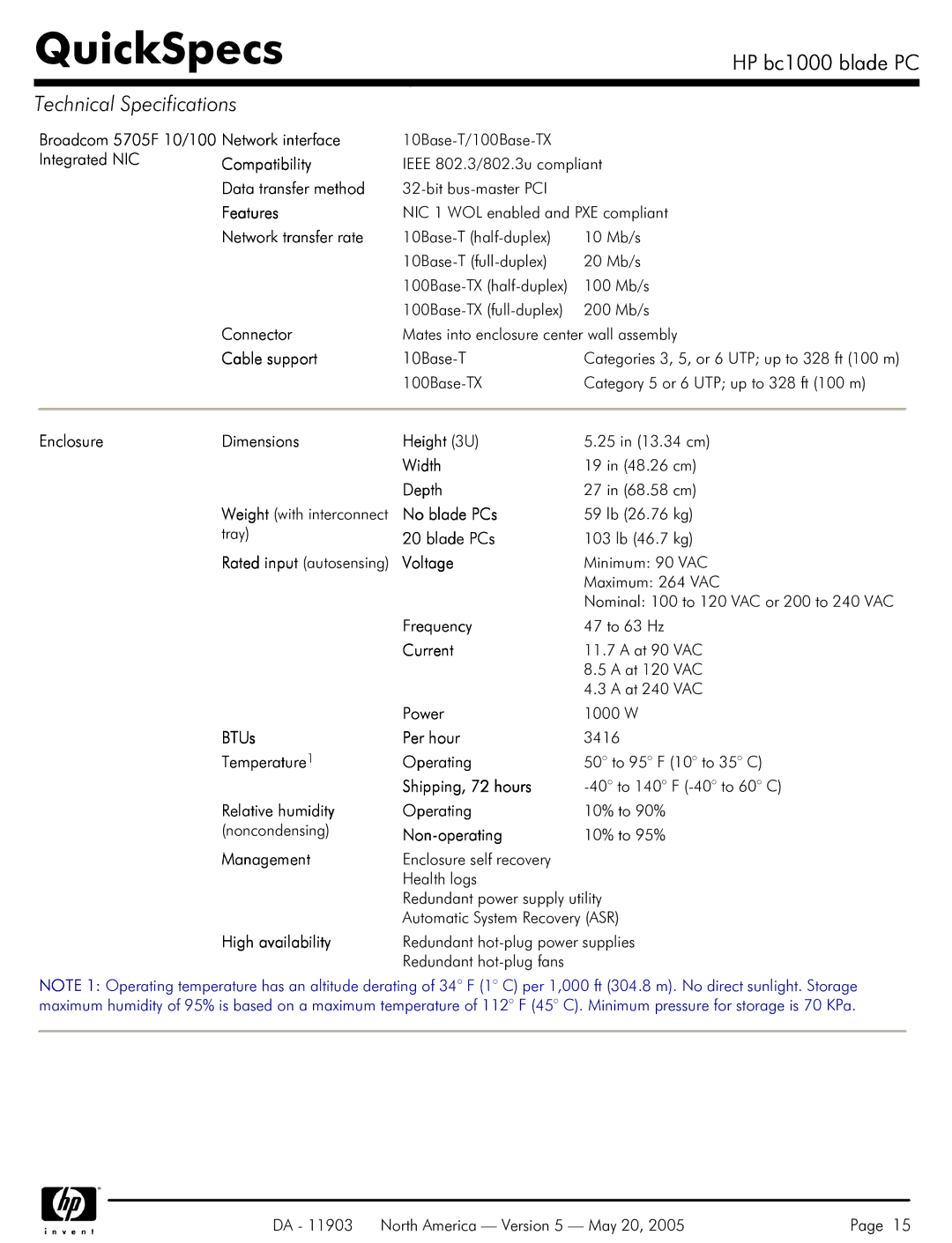 HP blade bc1000 manual Technical Specifications 